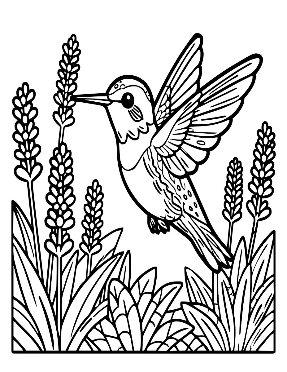 Lavender and Hummingbird - free printable coloring page