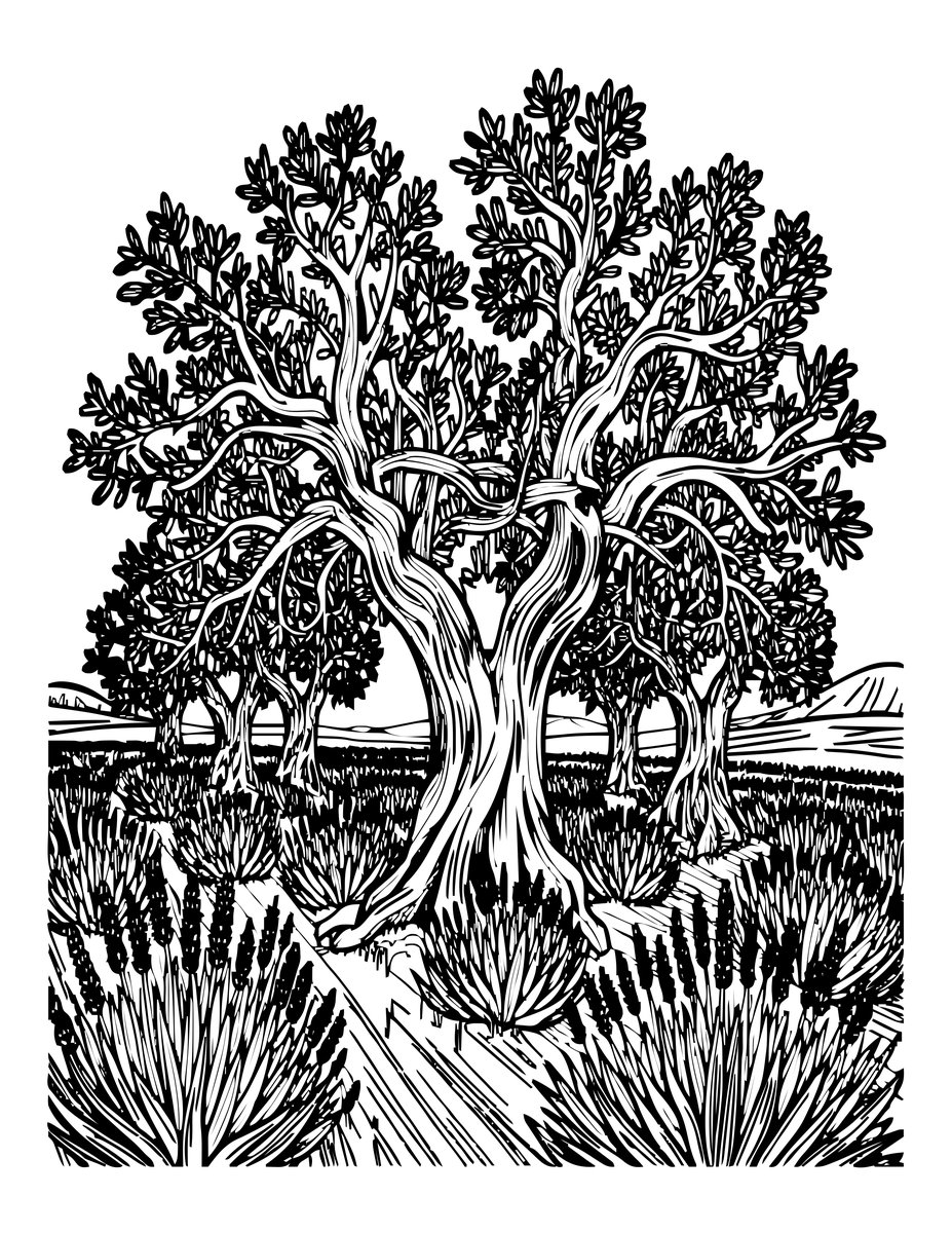 Lavender and Olive Trees - free printable coloring page