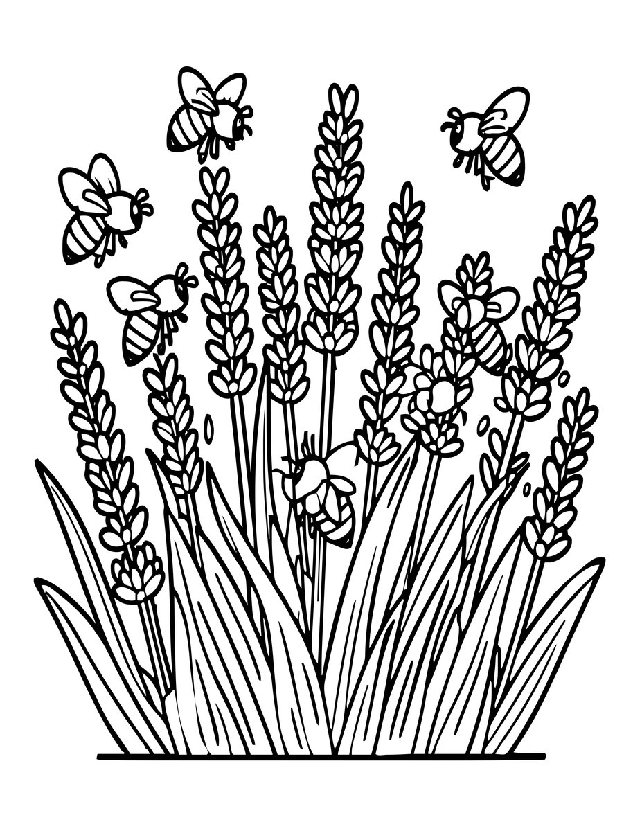 Lavender and Bees - free printable coloring page
