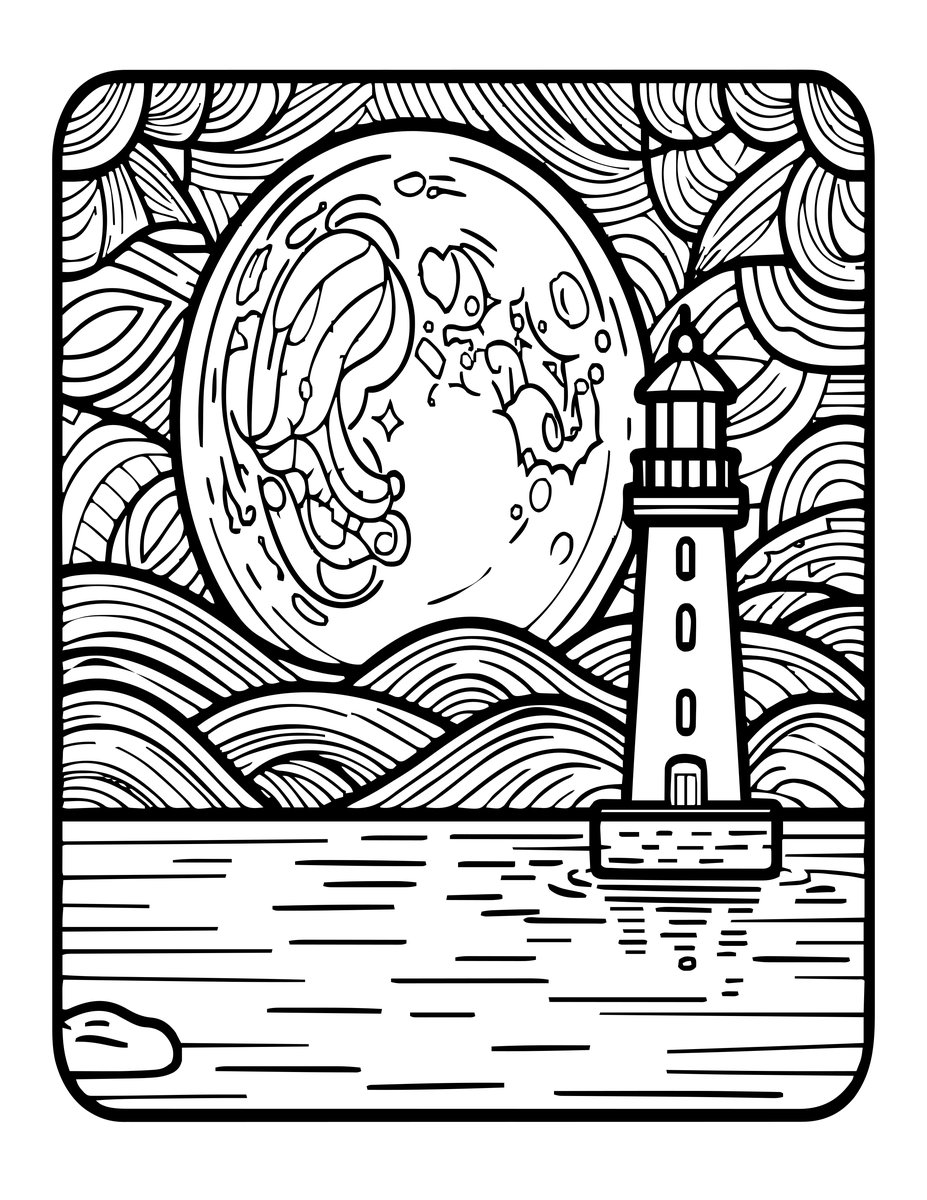 Moon Over Lighthouse - free printable coloring page