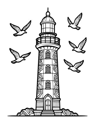 Birds at Lighthouse - Free printable coloring page