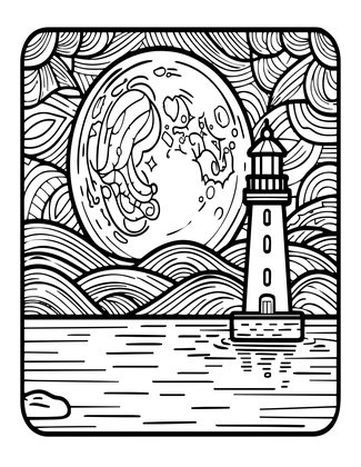 Moon Over Lighthouse - Free printable coloring page