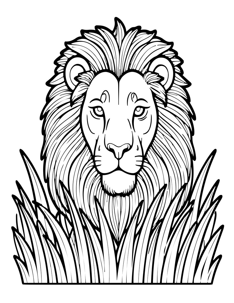 Lion in Tall Grass - free printable coloring page