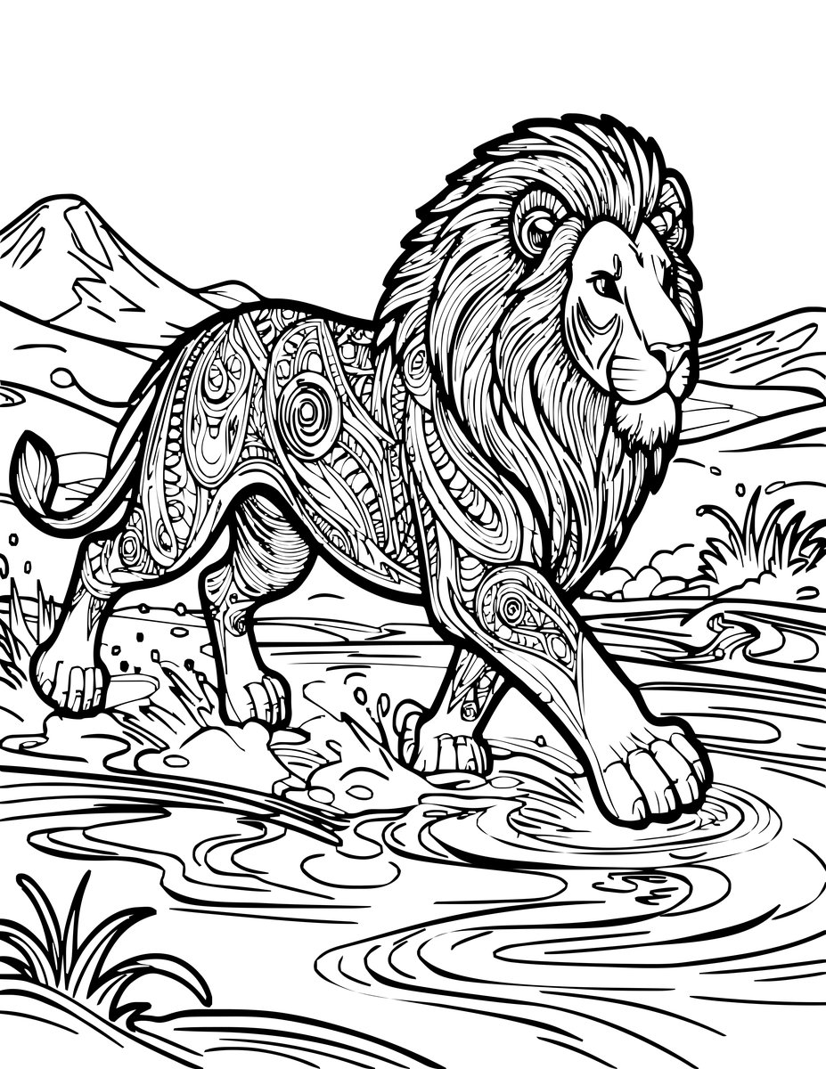 Lion and Wildebeest - free printable coloring page