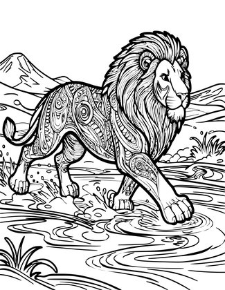 Lion and Wildebeest - Free printable coloring page