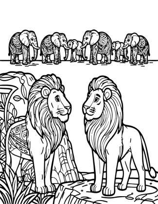 Lion Watching Herd - Free printable coloring page