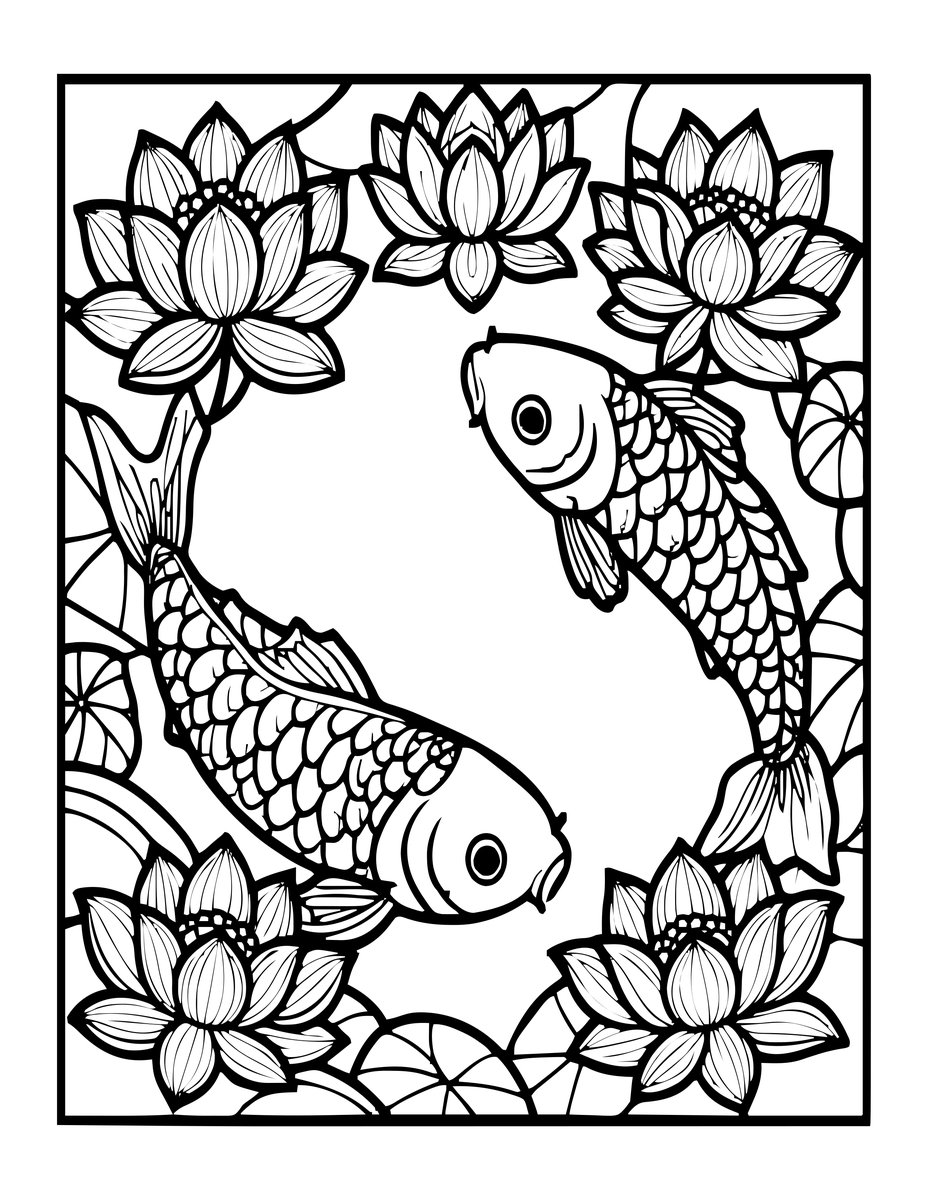 Lotus and Koi - free printable coloring page
