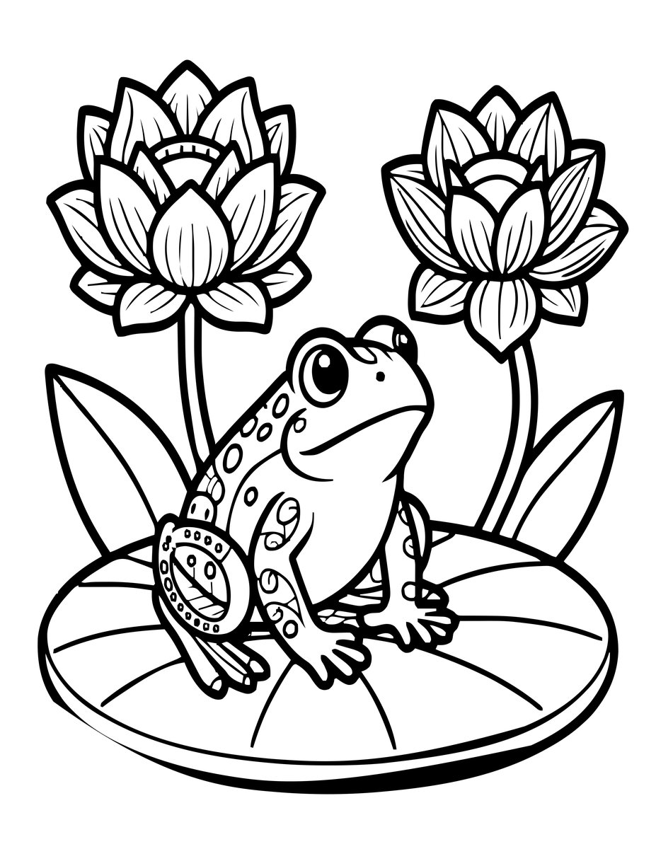 Lotus and Frog - free printable coloring page
