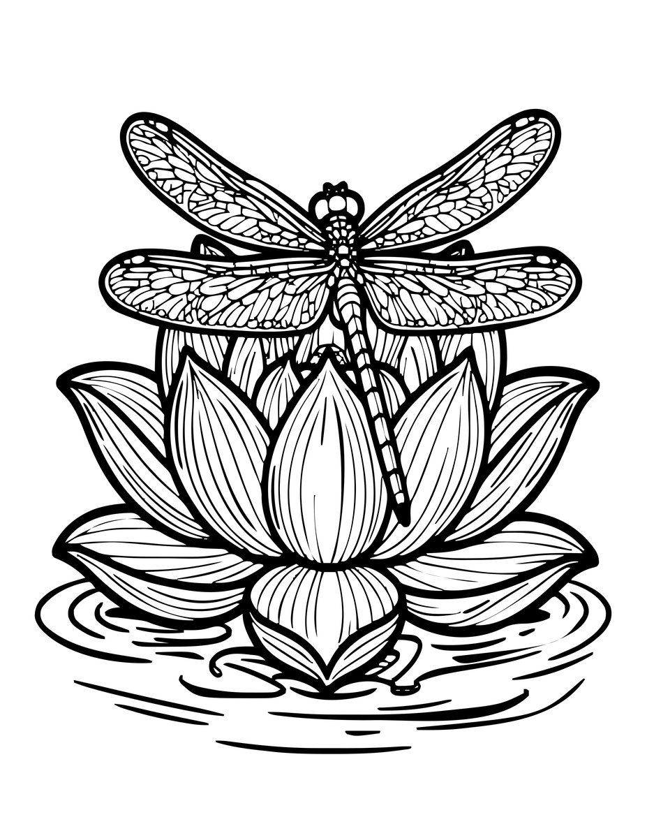 Lotus and Dragonfly - free printable coloring page