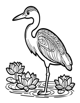 Lotus and Heron - Free printable coloring page