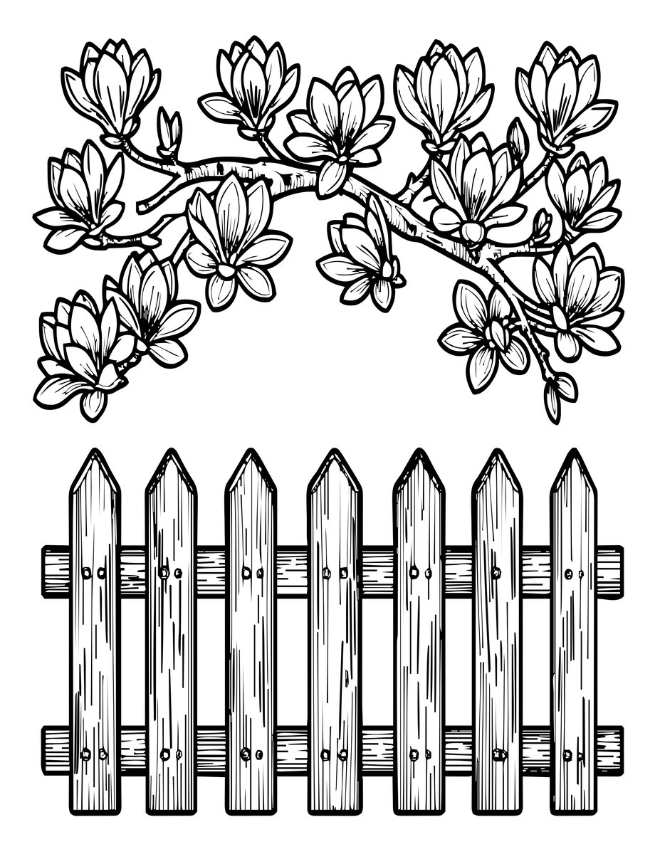 Magnolia and Fence - free printable coloring page