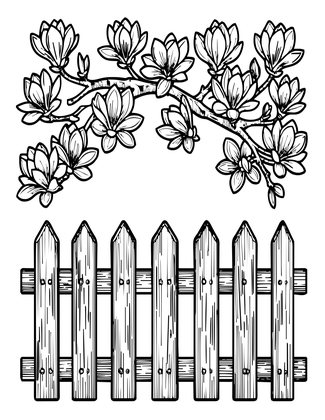 Magnolia and Fence - Free printable coloring page