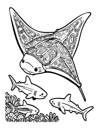 Manta and Sharks - Free printable coloring page