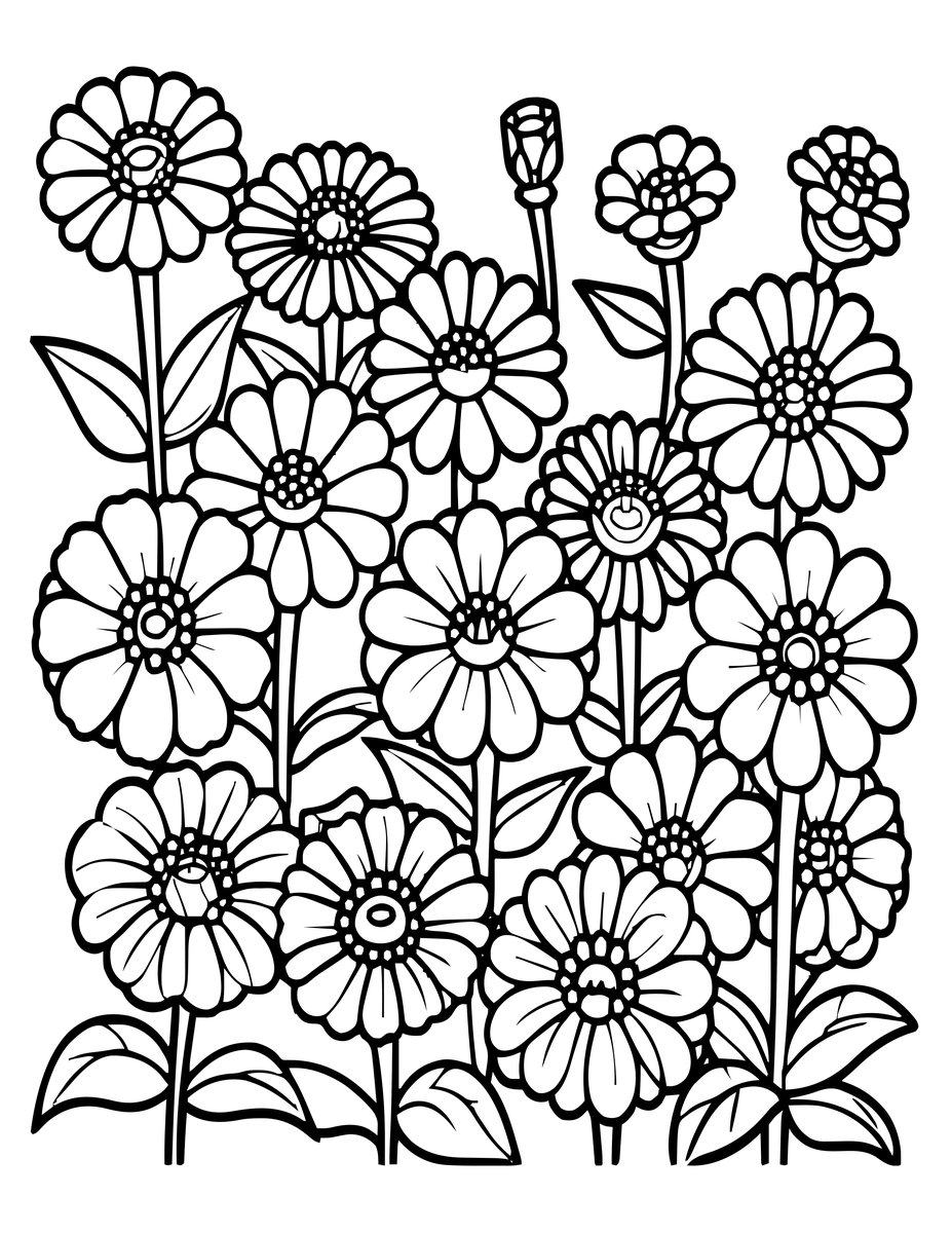 Zinnia Garden - free printable coloring page