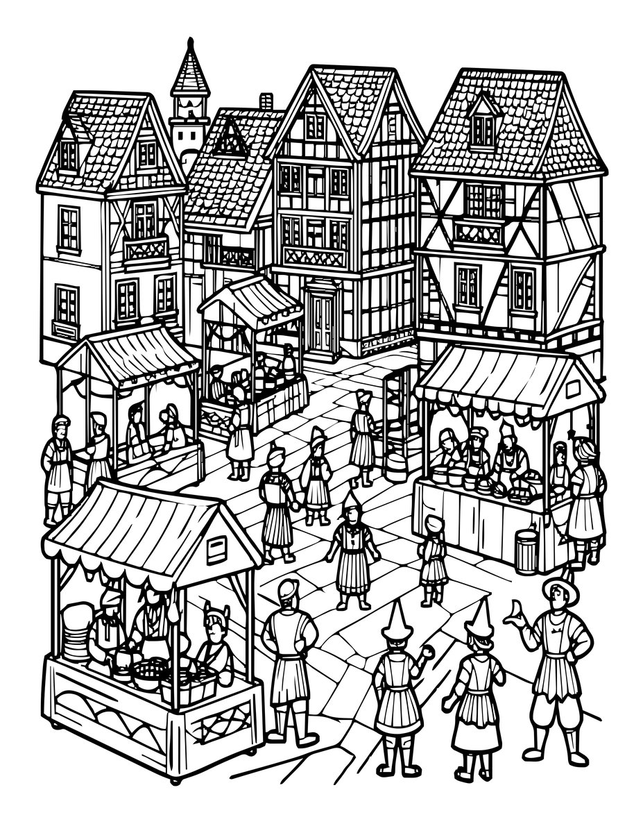 Medieval Market - free printable coloring page