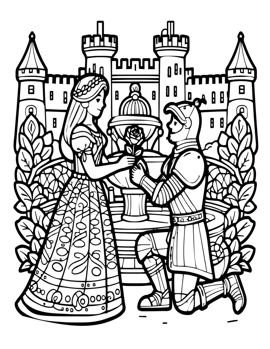 Knight & Maiden - free printable coloring page