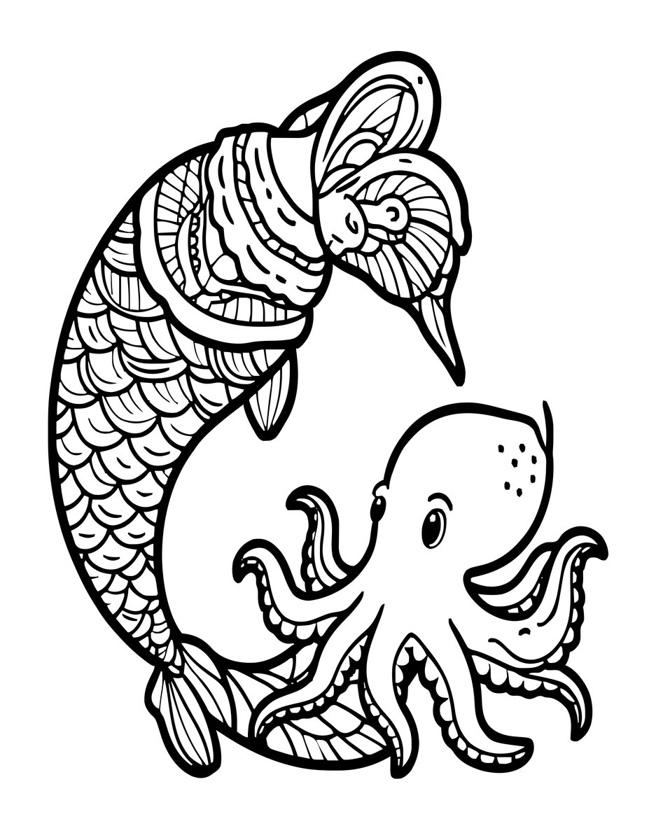 Mermaid and Octopus - free printable coloring page