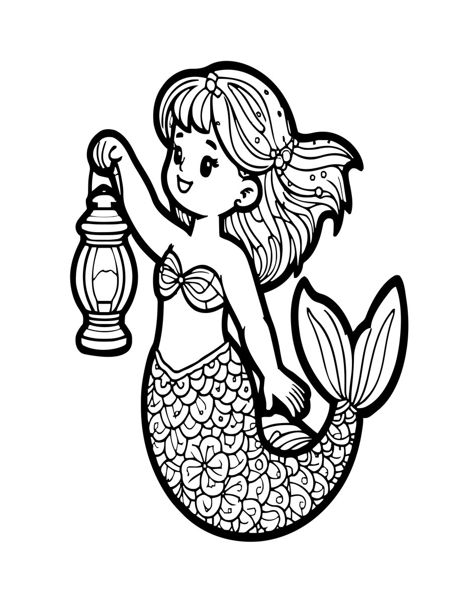 Mermaid with Lantern - free printable coloring page