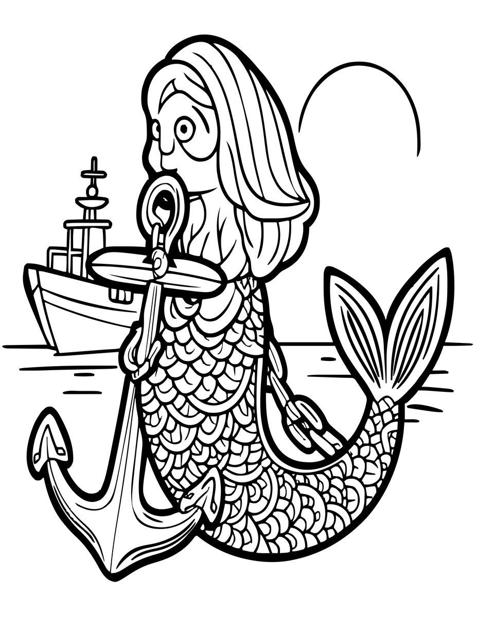 Mermaid and Ship - free printable coloring page