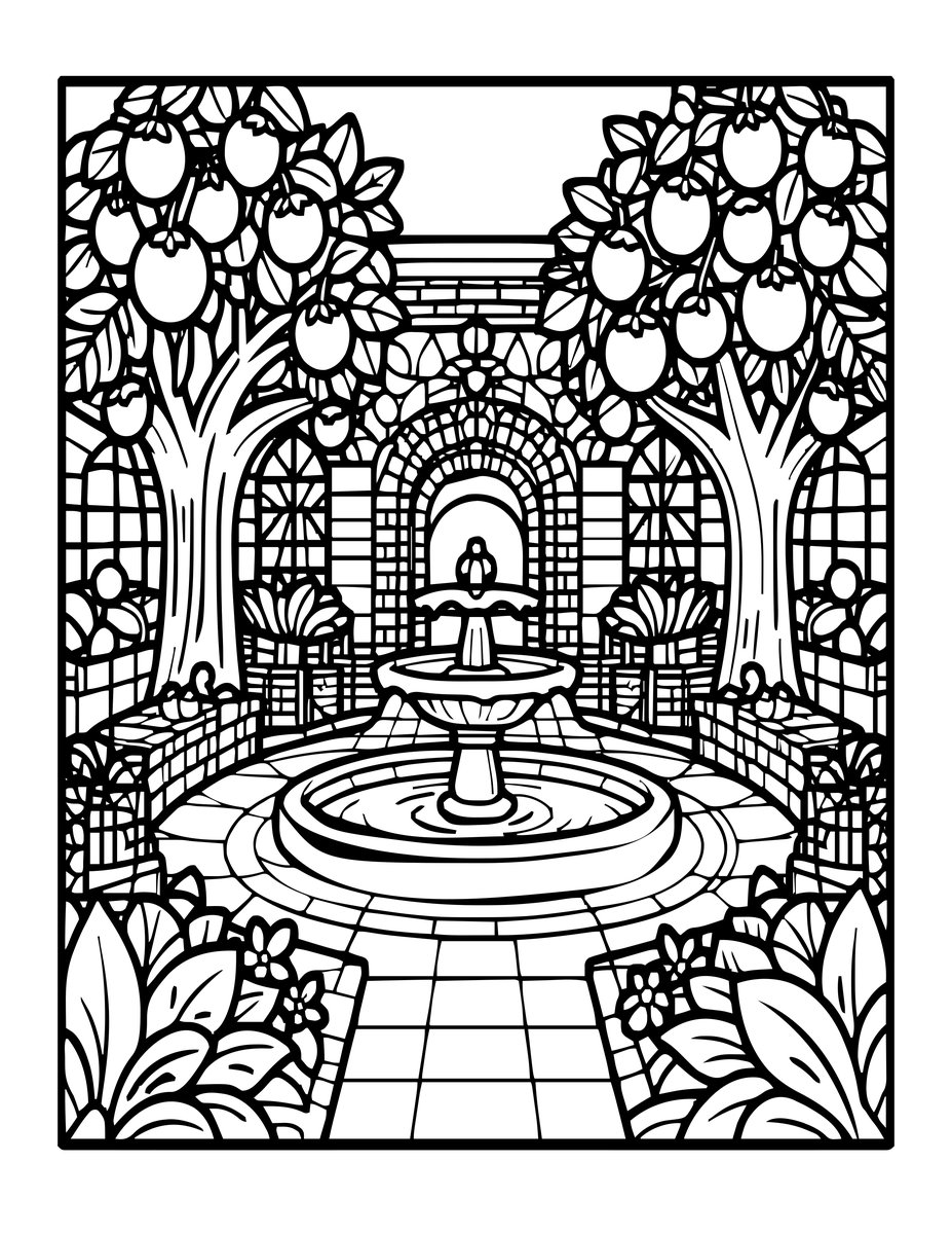 Fountain Courtyard - free printable coloring page