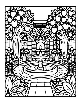 Fountain Courtyard - Free printable coloring page