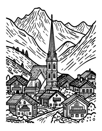 Mountain Village - Free printable coloring page