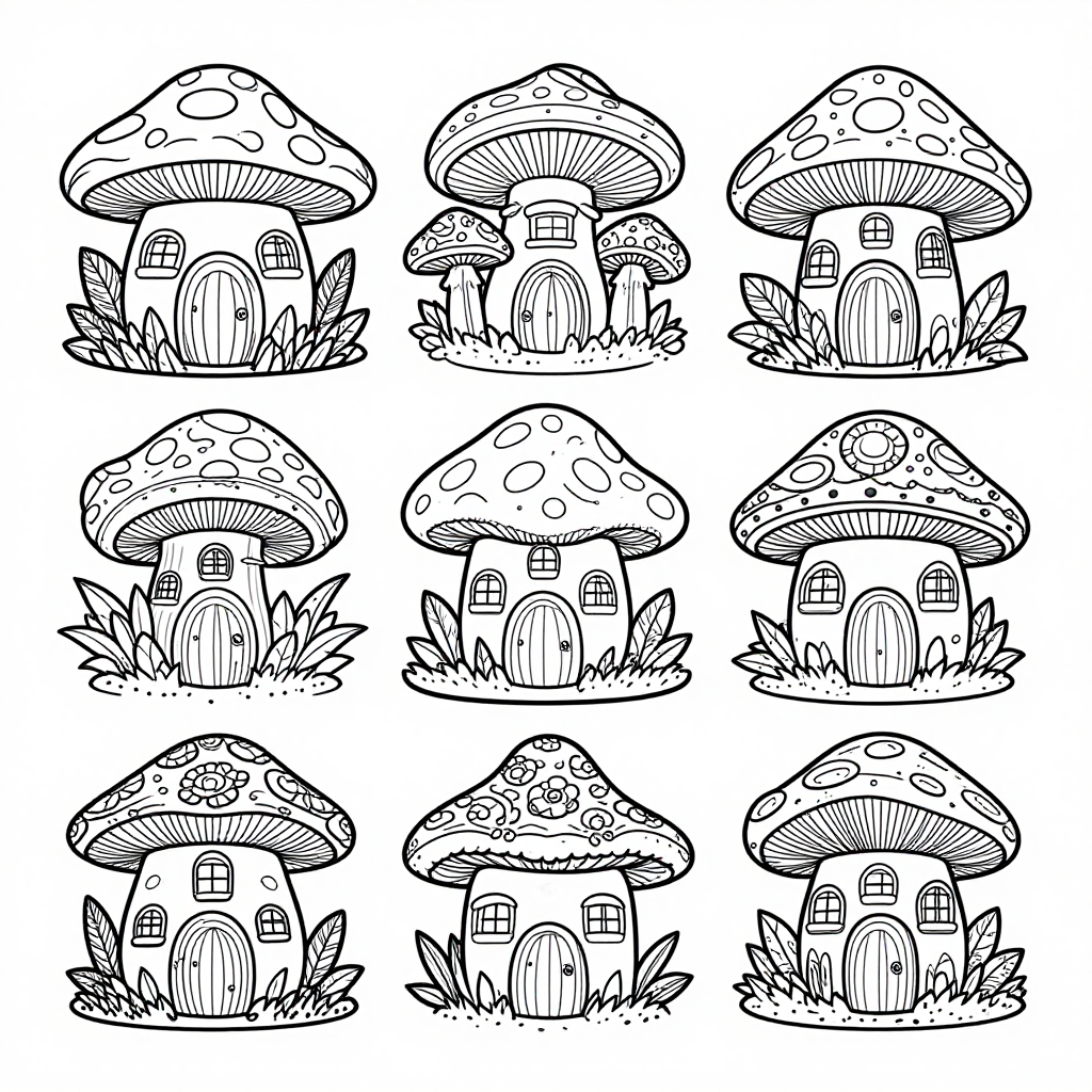 Mushroom Houses coloring pages collection - 30 free printable pages