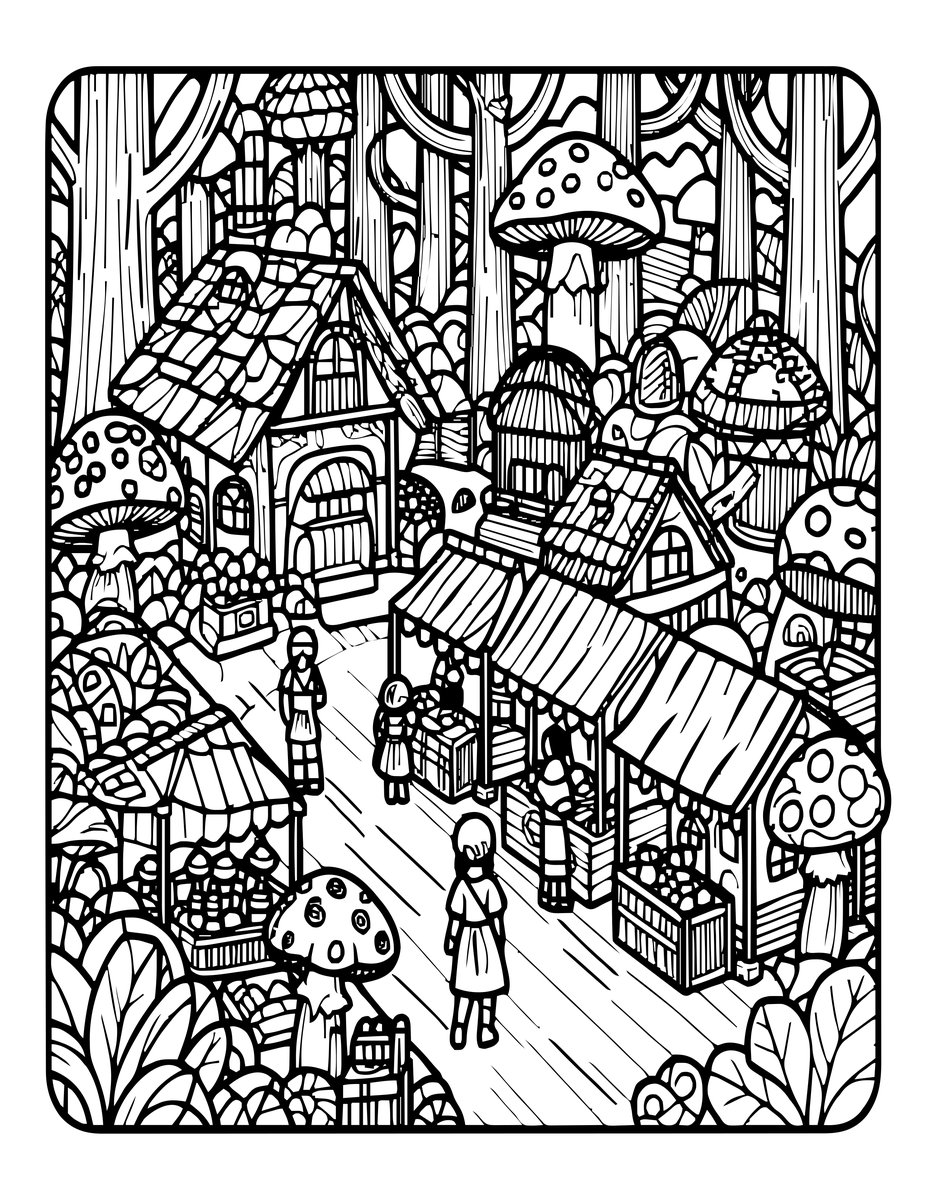 Mushroom House Market - free printable coloring page