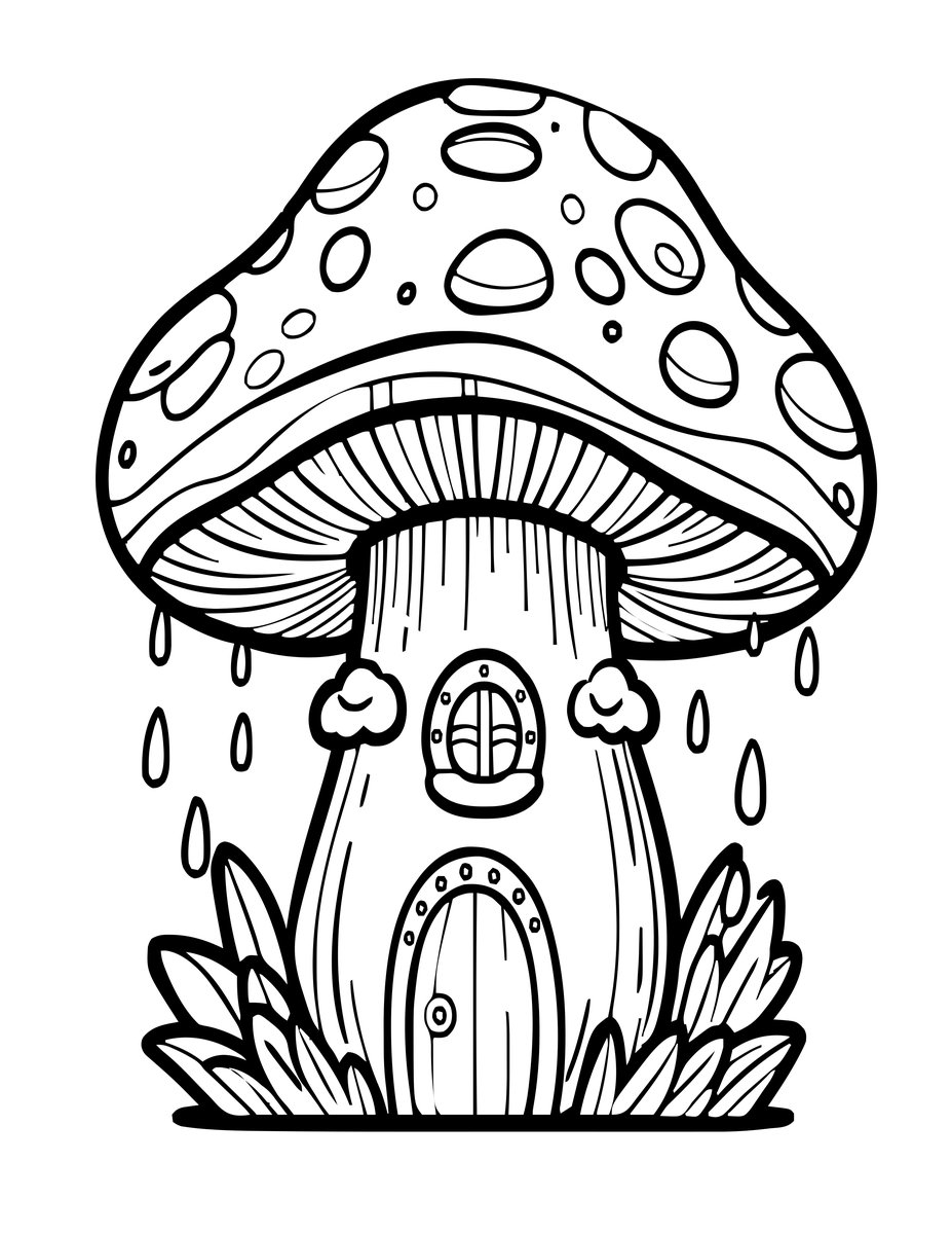 Mushroom House in Rain - free printable coloring page