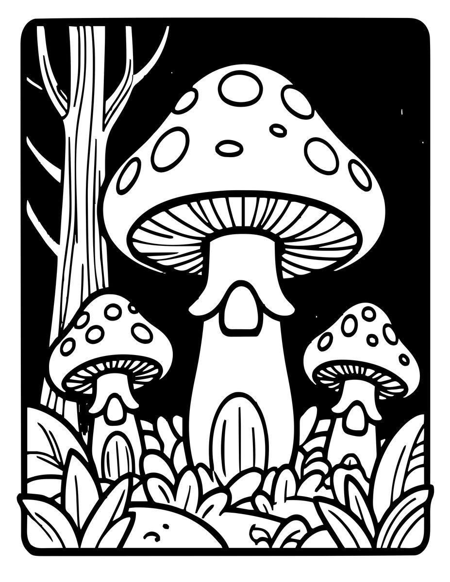Mushroom House at Night - free printable coloring page
