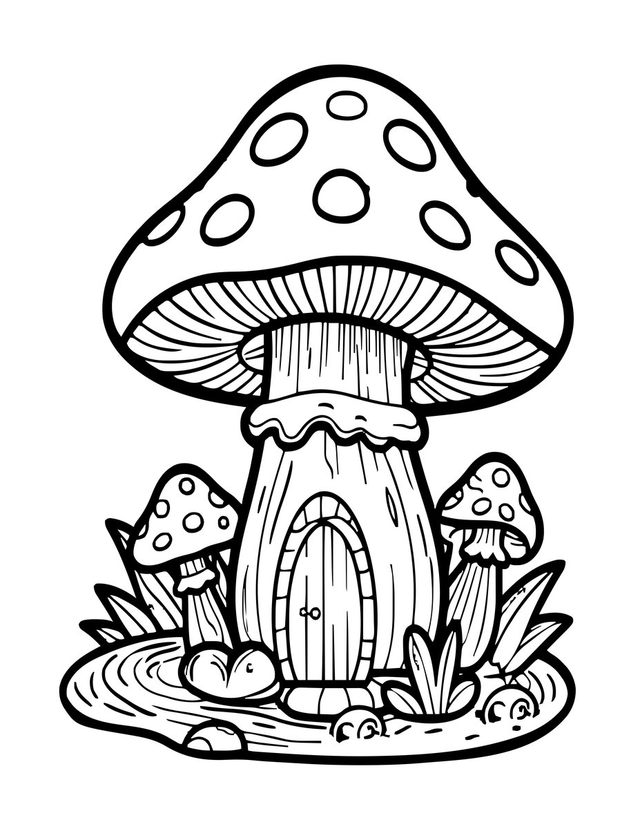 Mushroom House and Stream - free printable coloring page