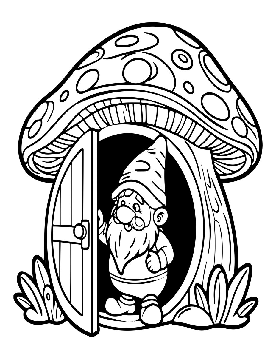 Gnome Mushroom Home - free printable coloring page