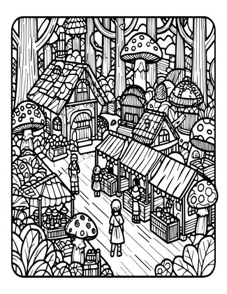 Mushroom House Market - Free printable coloring page