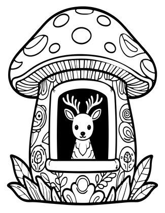 Mushroom House and Deer - Free printable coloring page