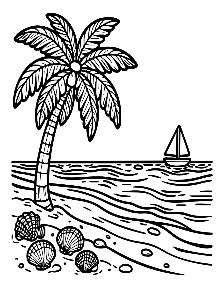 Tropical Beach - free printable coloring page