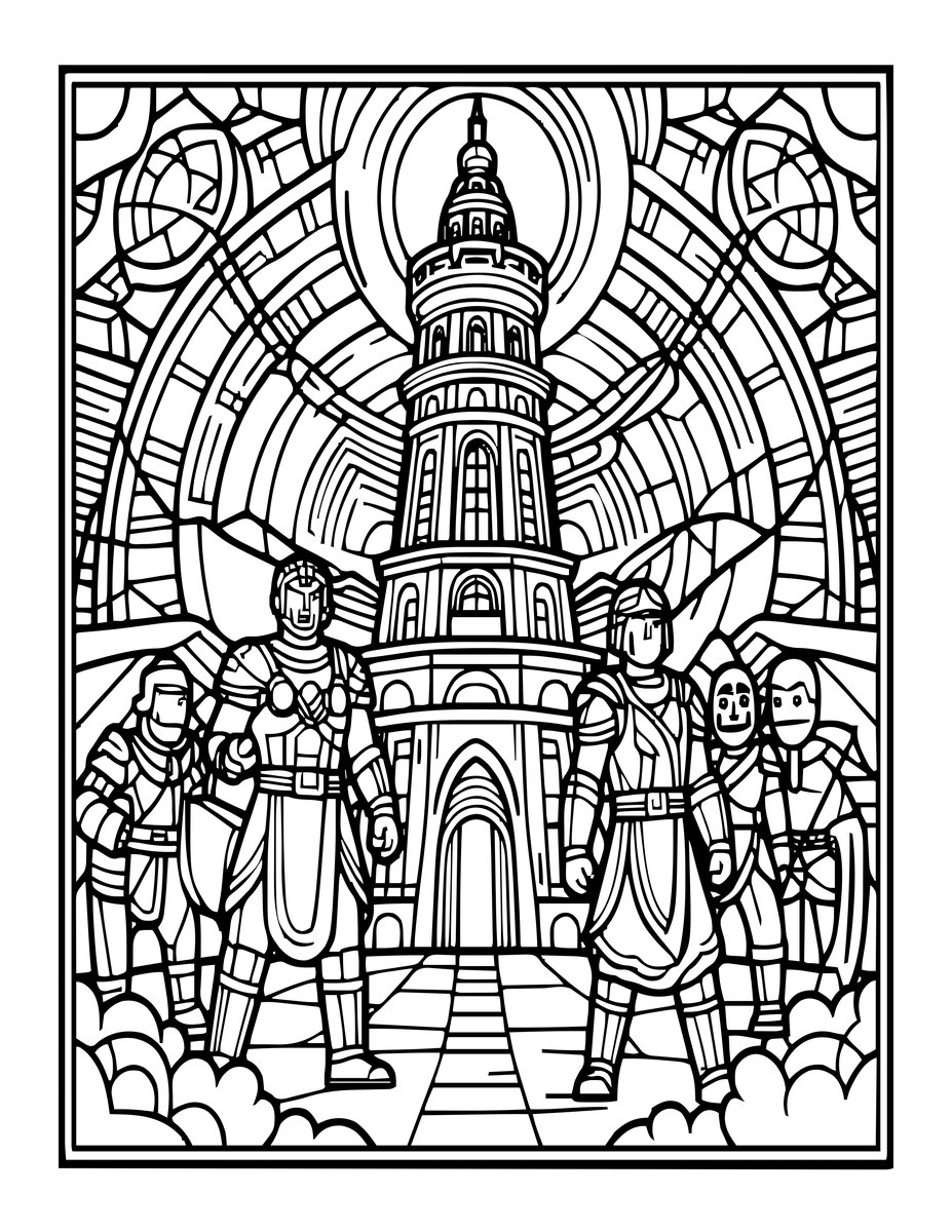 Tower and Heroes - free printable coloring page