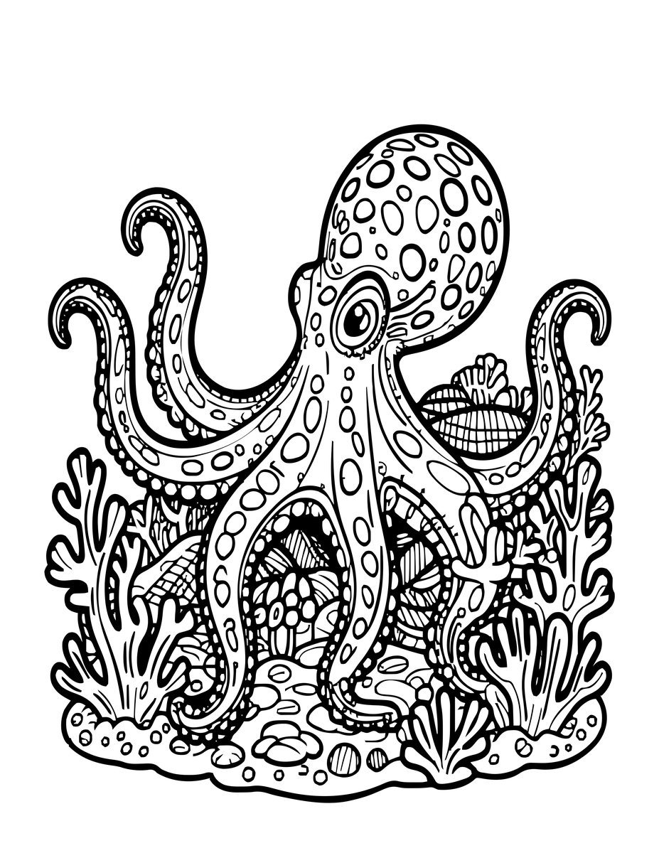 Octopus in Coral - free printable coloring page