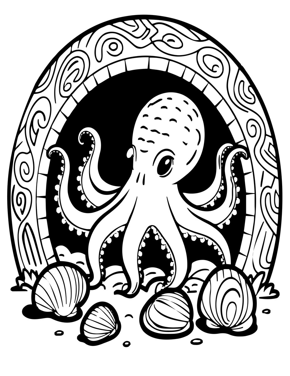 Octopus with Shells - free printable coloring page