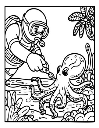 Octopus and Diver - Free printable coloring page