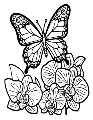 Orchid and Butterfly - Free printable coloring page