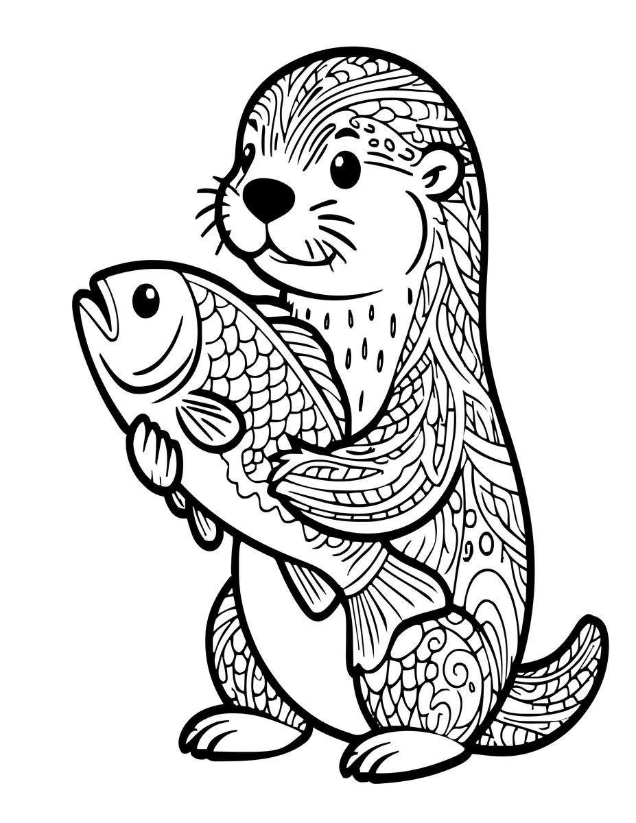 Otter with Fish - free printable coloring page