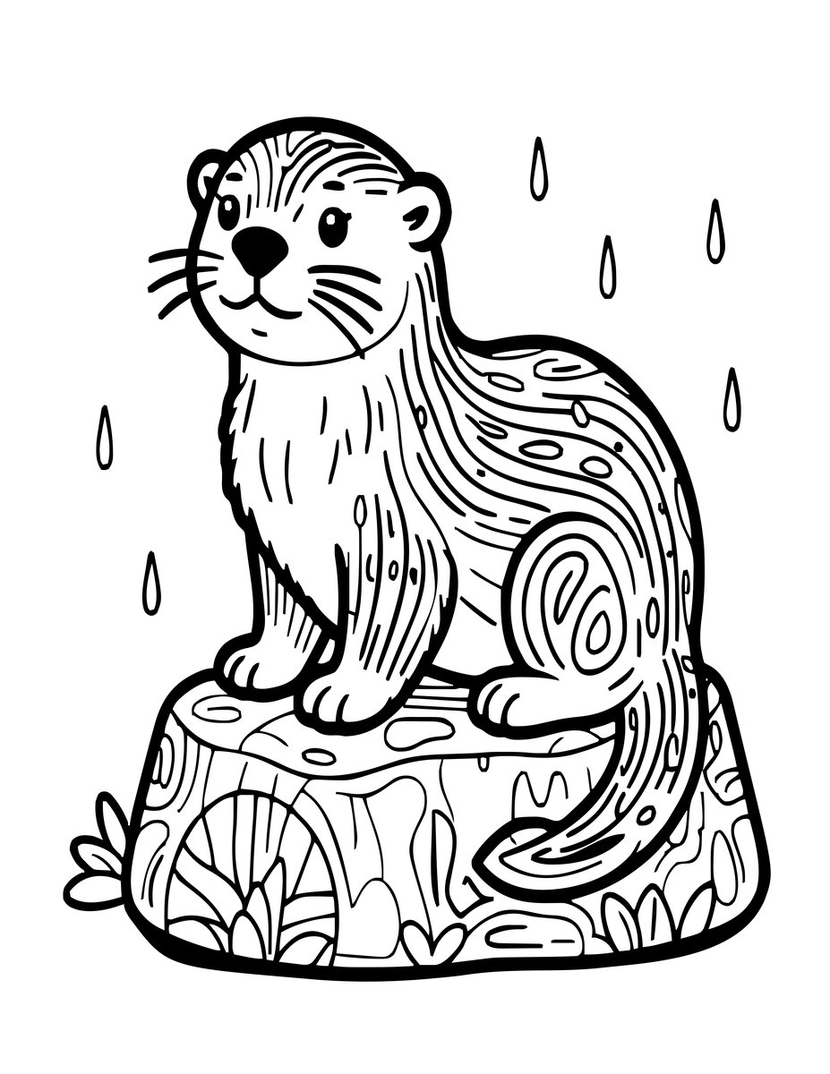 Otter in Rain - free printable coloring page