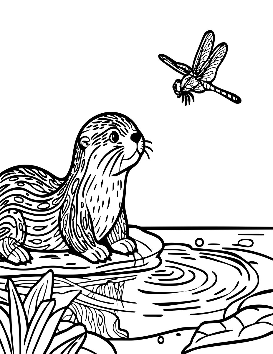 Otter and Dragonfly - free printable coloring page