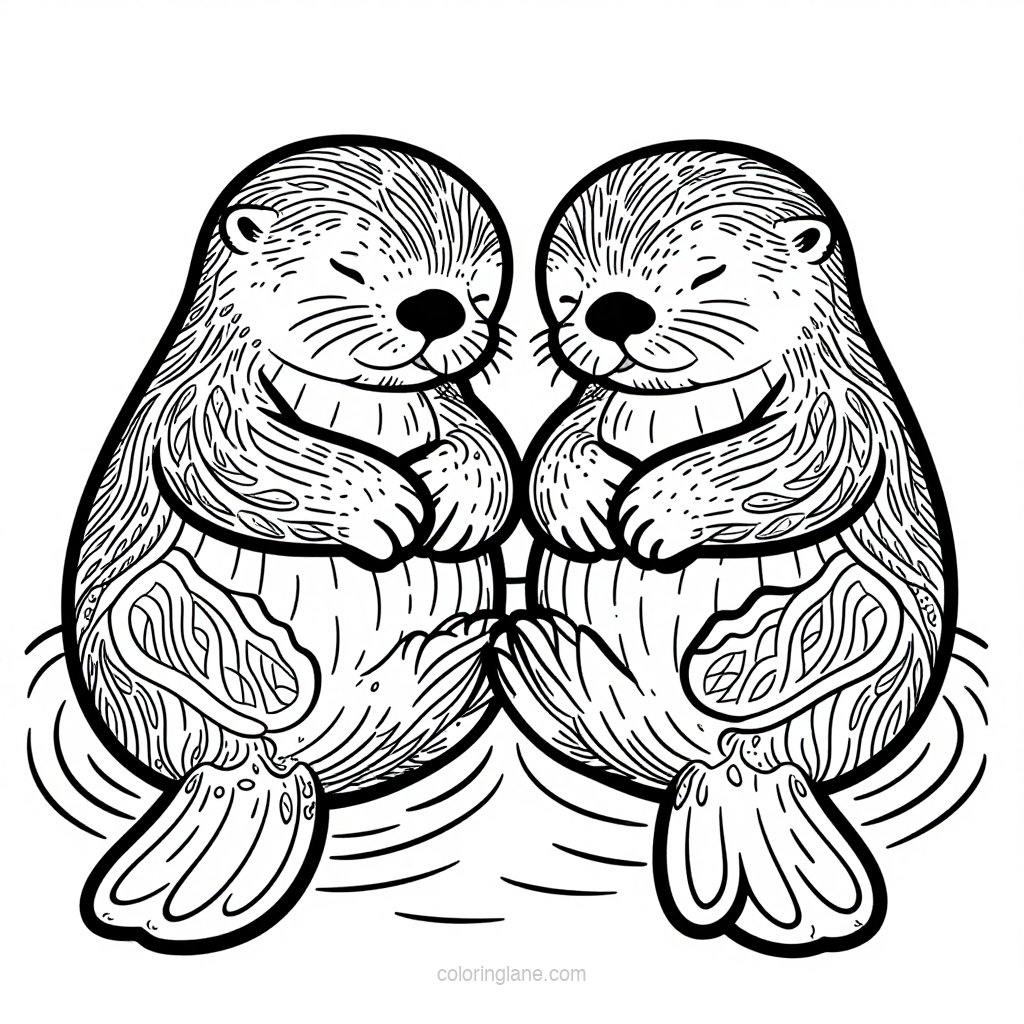 Otter Holding Hands - free printable coloring page