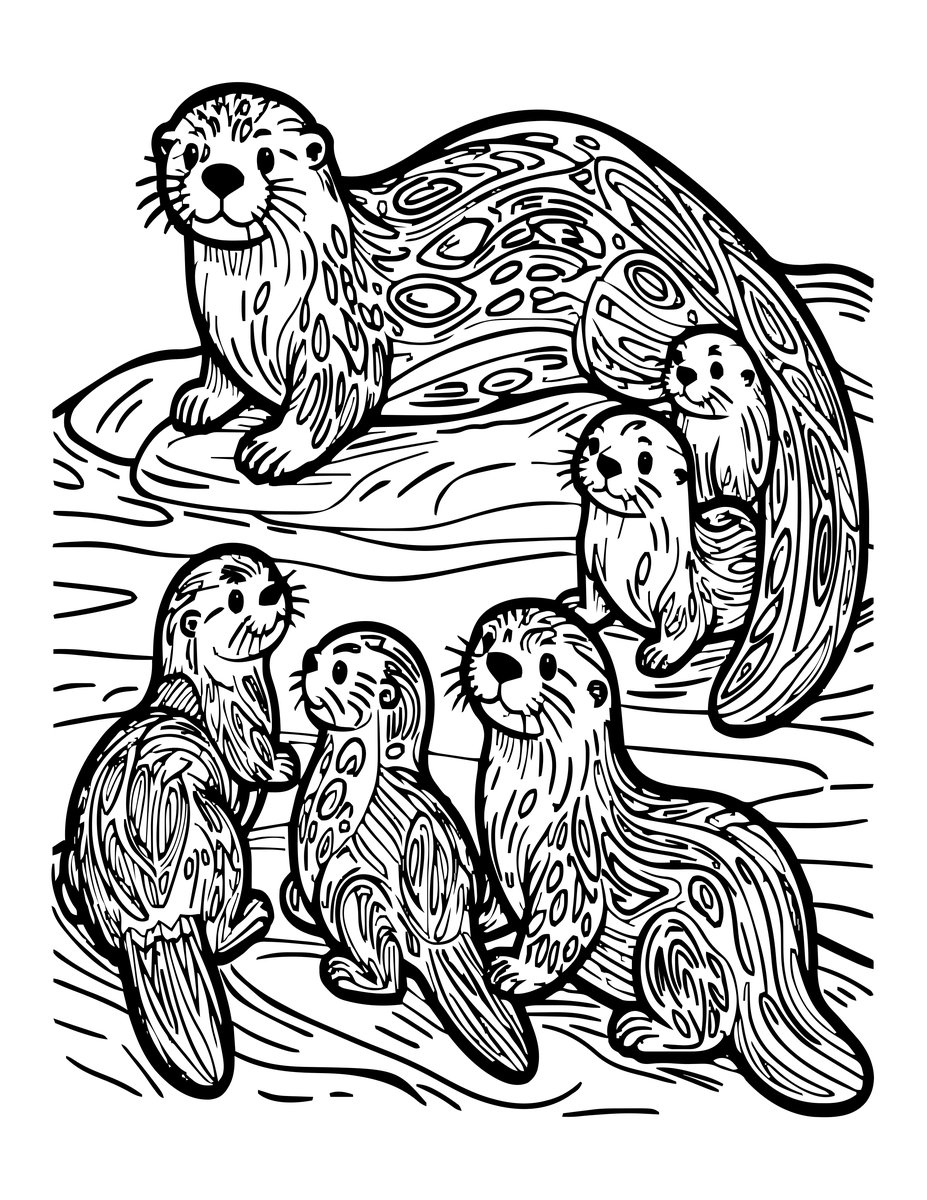 Otter Family - free printable coloring page