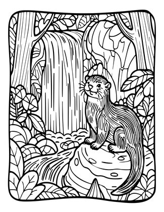 Otter at Waterfall - Free printable coloring page