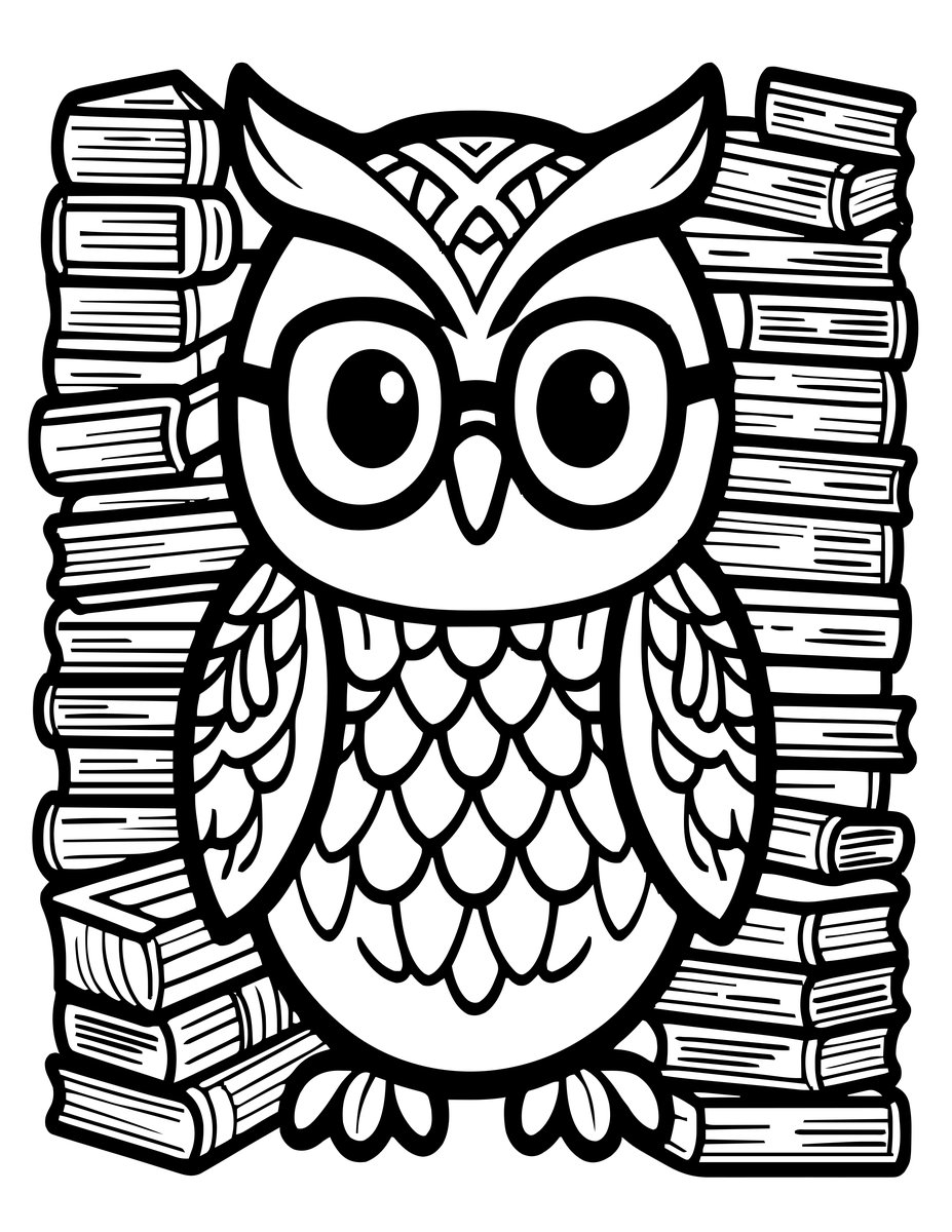 Owl with Books - free printable coloring page