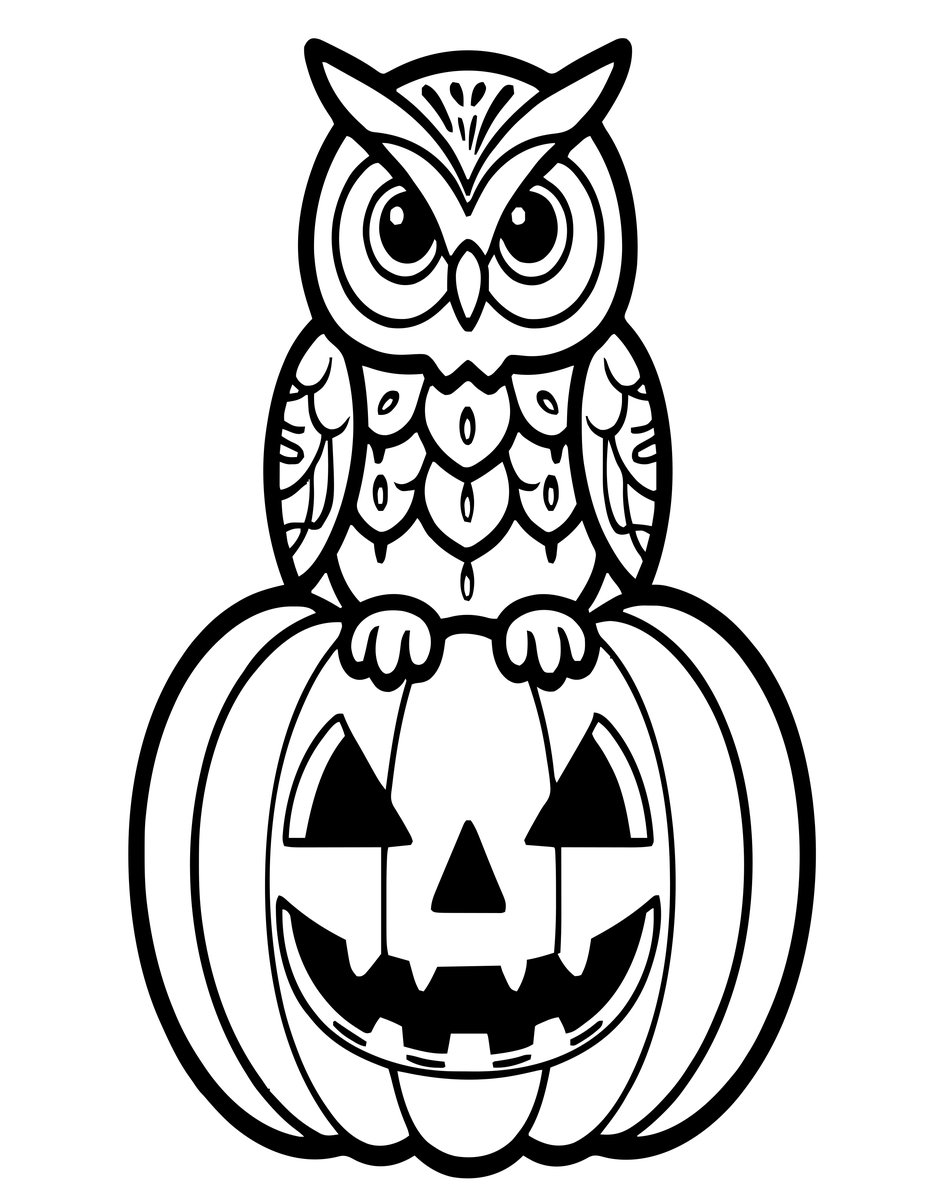 Owl and Pumpkin - free printable coloring page