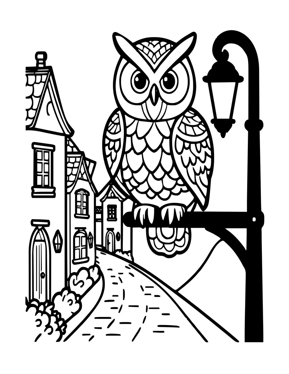 Owl and Lantern - free printable coloring page
