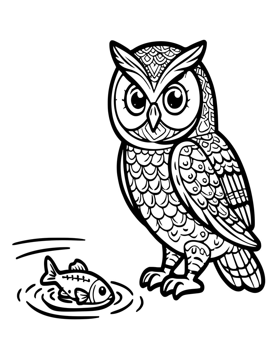Fishing Owl - free printable coloring page